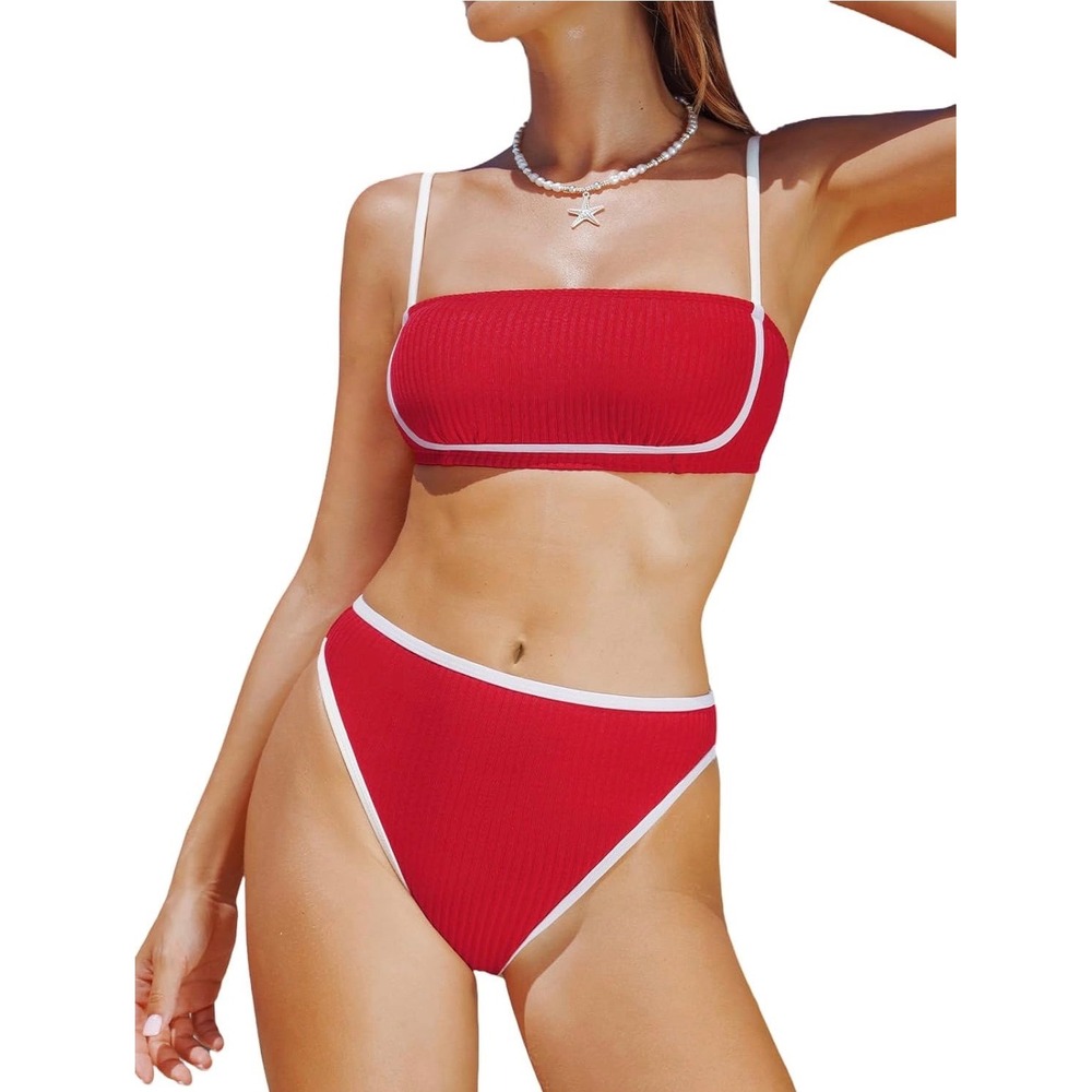 Cupshe Red Ribbed Bandeau High Leg Bikini Set White Trim Large NEW